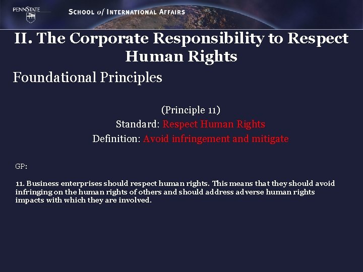 II. The Corporate Responsibility to Respect Human Rights Foundational Principles (Principle 11) Standard: Respect