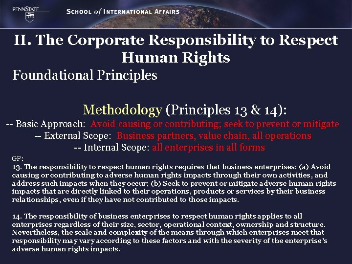 II. The Corporate Responsibility to Respect Human Rights Foundational Principles Methodology (Principles 13 &