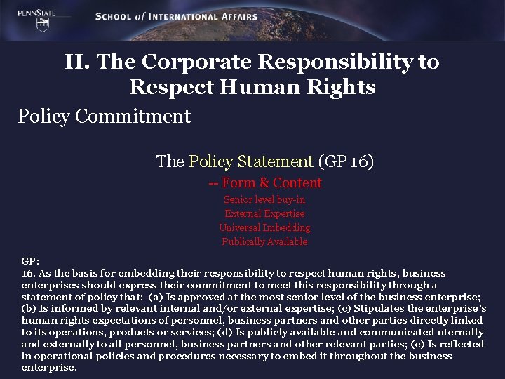 II. The Corporate Responsibility to Respect Human Rights Policy Commitment The Policy Statement (GP