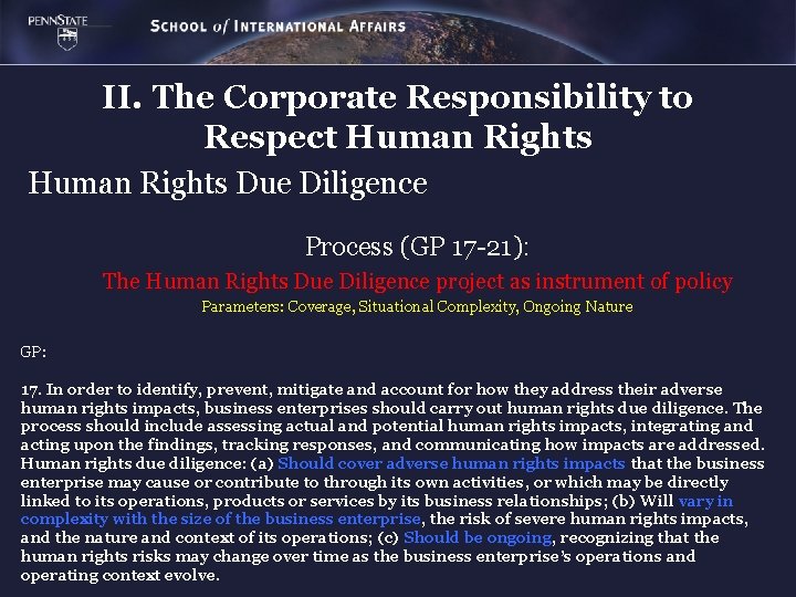 II. The Corporate Responsibility to Respect Human Rights Due Diligence Process (GP 17 -21):