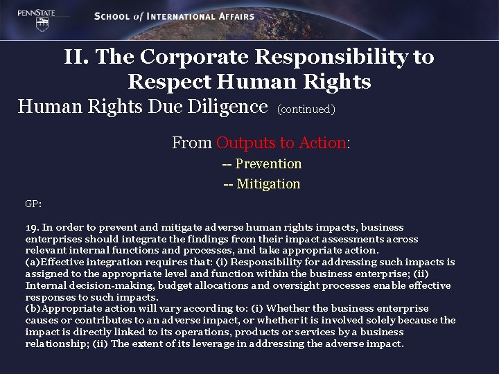 II. The Corporate Responsibility to Respect Human Rights Due Diligence (continued) From Outputs to