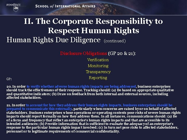 II. The Corporate Responsibility to Respect Human Rights Due Diligence (continued) Disclosure Obligations (GP