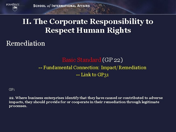 II. The Corporate Responsibility to Respect Human Rights Remediation Basic Standard (GP 22) --