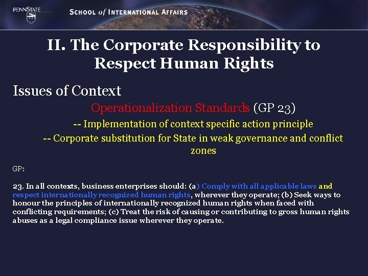 II. The Corporate Responsibility to Respect Human Rights Issues of Context Operationalization Standards (GP