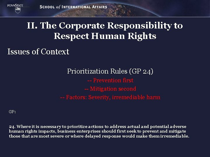 II. The Corporate Responsibility to Respect Human Rights Issues of Context Prioritization Rules (GP