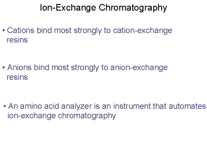 Ion-Exchange Chromatography • Cations bind most strongly to cation-exchange resins • Anions bind most Ion-Exchange Chromatography • Cations bind most strongly to cation-exchange resins • Anions bind most