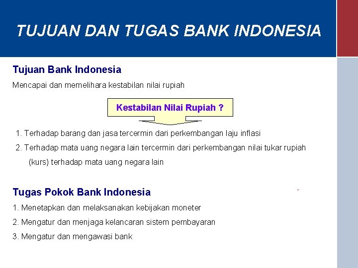 TUJUAN DAN TUGAS BANK INDONESIA Tujuan Bank Indonesia Mencapai dan memelihara kestabilan nilai rupiah
