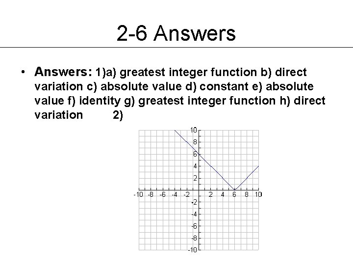 2 -6 Answers • Answers: 1)a) greatest integer function b) direct variation c) absolute 2 -6 Answers • Answers: 1)a) greatest integer function b) direct variation c) absolute