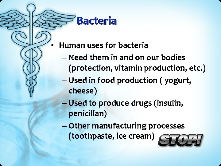 Bacteria • Human uses for bacteria – Need them in and on our bodies