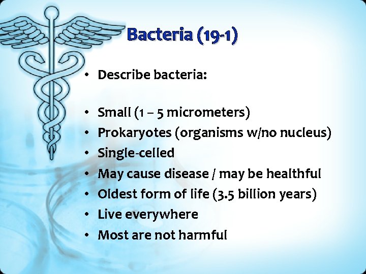 Bacteria (19 -1) • Describe bacteria: • • Small (1 – 5 micrometers) Prokaryotes
