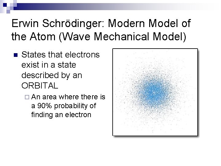 Erwin Schrödinger: Modern Model of the Atom (Wave Mechanical Model) n States that electrons