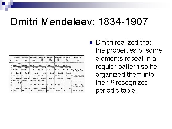 Dmitri Mendeleev: 1834 -1907 n Dmitri realized that the properties of some elements repeat