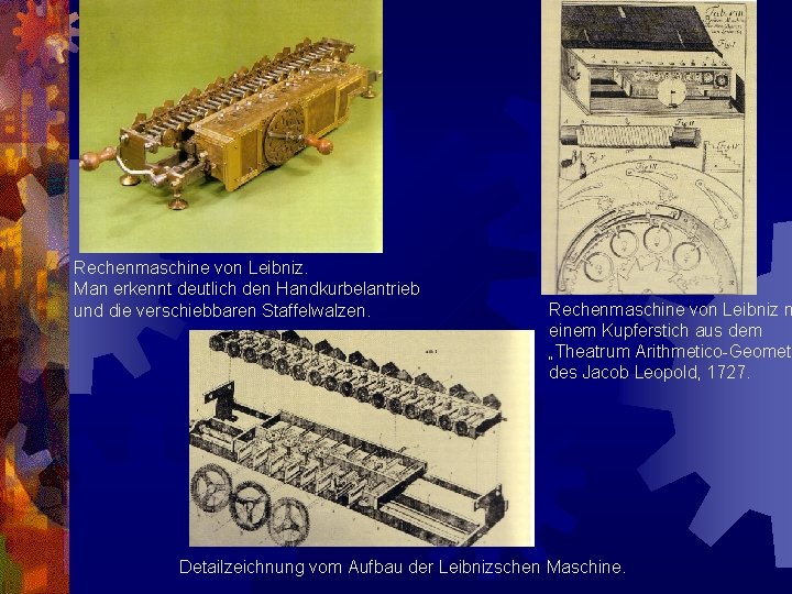 Rechenmaschine von Leibniz. Man erkennt deutlich den Handkurbelantrieb und die verschiebbaren Staffelwalzen. Rechenmaschine von