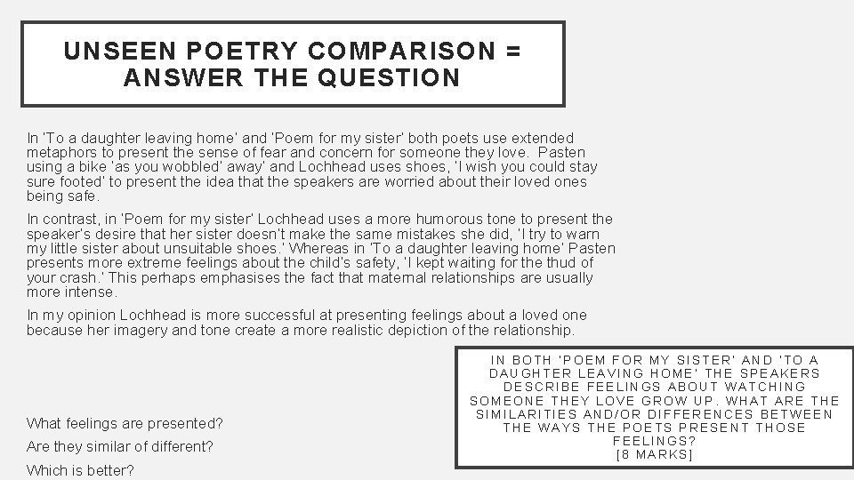 UNSEEN POETRY COMPARISON = ANSWER THE QUESTION In ‘To a daughter leaving home’ and