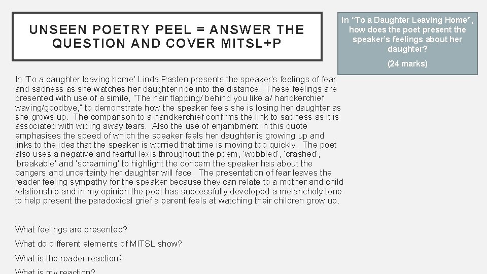 UNSEEN POETRY PEEL = ANSWER THE QUESTION AND COVER MITSL+P In “To a Daughter