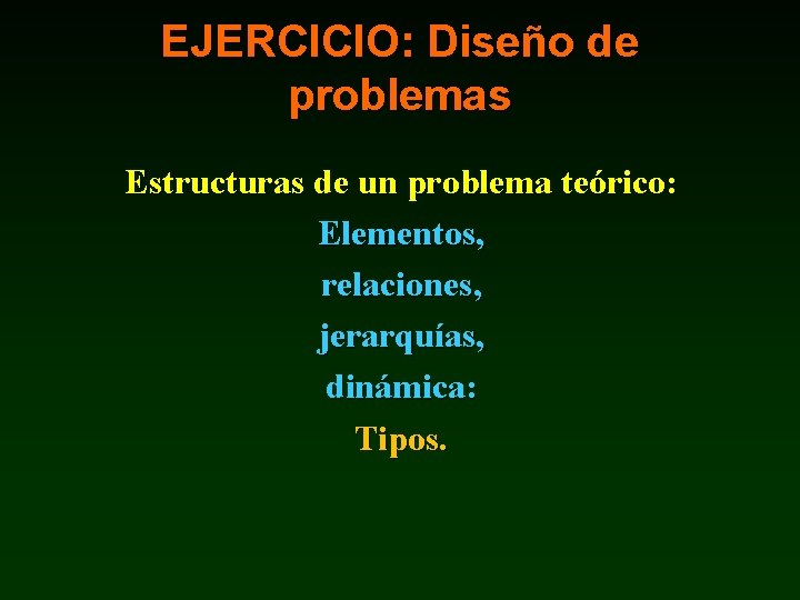 EJERCICIO: Diseño de problemas Estructuras de un problema teórico: Elementos, relaciones, jerarquías, dinámica: Tipos.