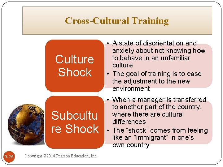 Cross-Cultural Training 9 -25 Culture Shock • A state of disorientation and anxiety about