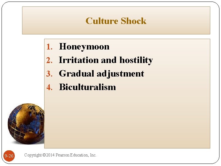 Culture Shock 1. Honeymoon 2. Irritation and hostility 3. Gradual adjustment 4. Biculturalism 9
