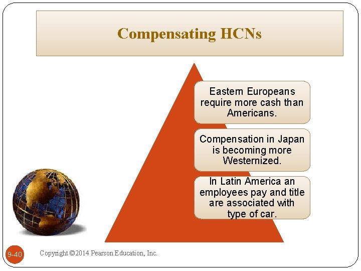 Compensating HCNs Eastern Europeans require more cash than Americans. Compensation in Japan is becoming