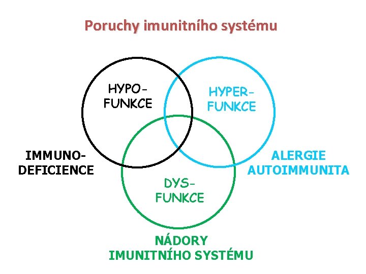 Poruchy imunitního systému HYPOFUNKCE IMMUNODEFICIENCE HYPERFUNKCE DYSFUNKCE ALERGIE AUTOIMMUNITA NÁDORY IMUNITNÍHO SYSTÉMU 