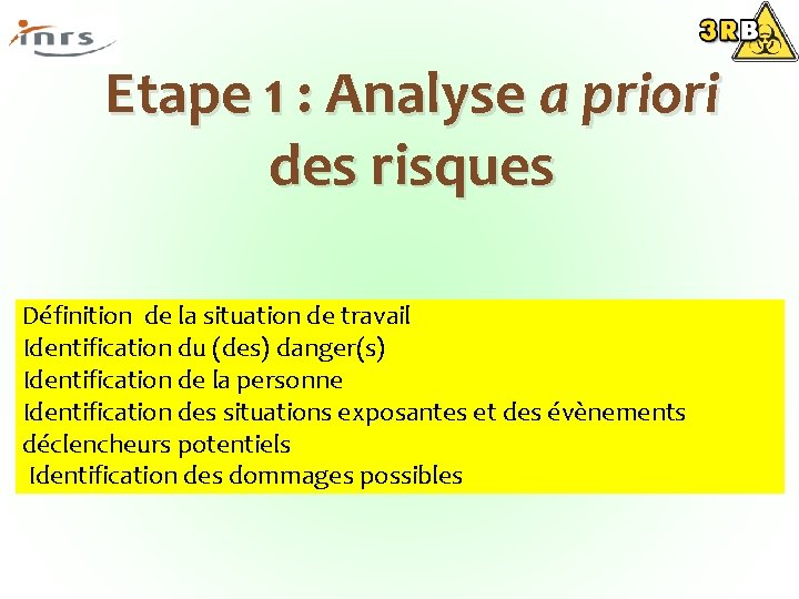 Etape 1 : Analyse a priori des risques Définition de la situation de travail