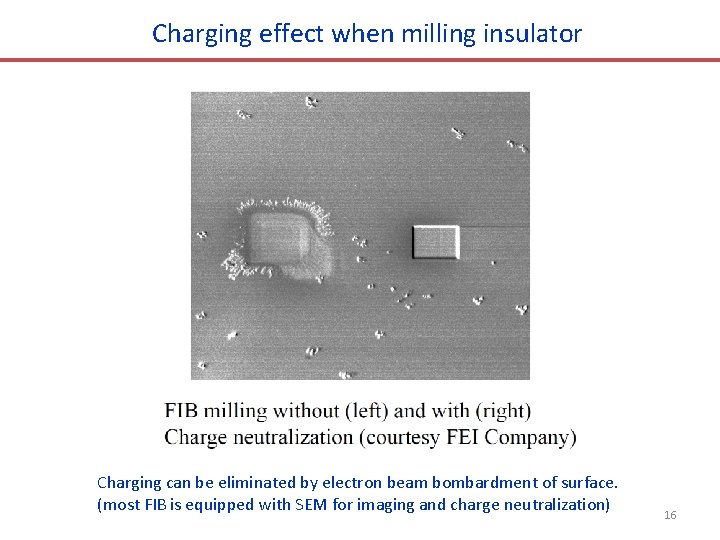 Charging effect when milling insulator Charging can be eliminated by electron beam bombardment of