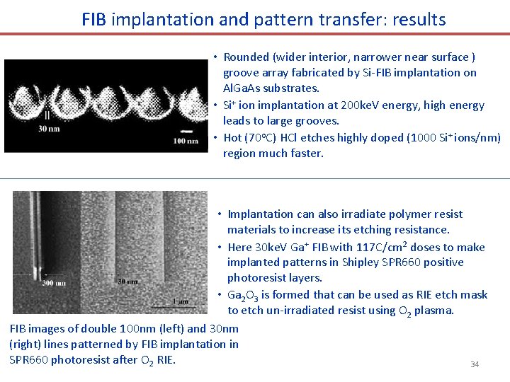 FIB implantation and pattern transfer: results • Rounded (wider interior, narrower near surface )