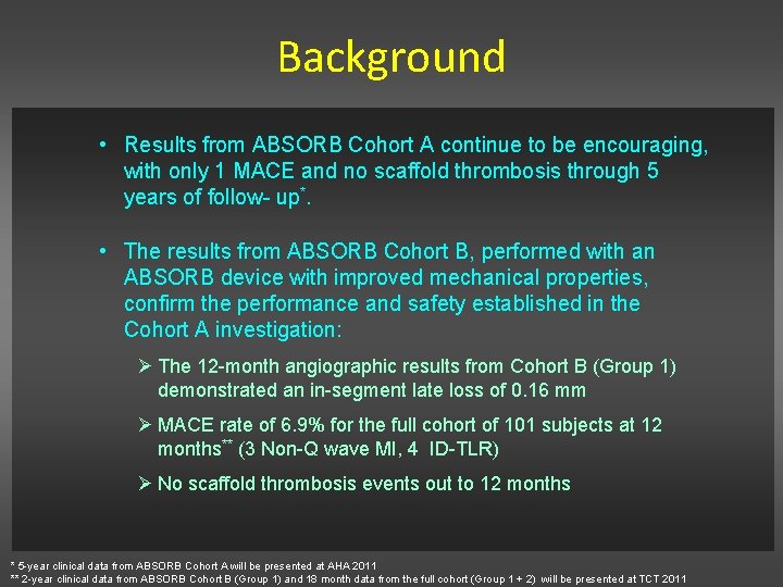Background • Results from ABSORB Cohort A continue to be encouraging, with only 1