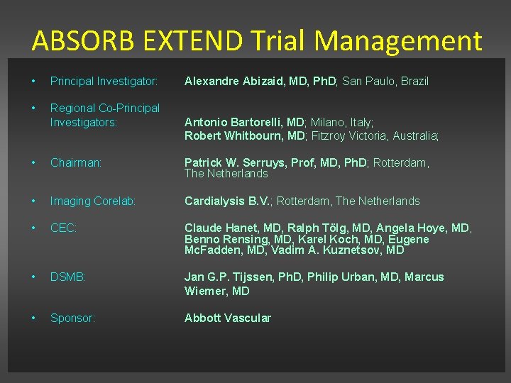 ABSORB EXTEND Trial Management • Principal Investigator: • Regional Co-Principal Investigators: Alexandre Abizaid, MD,