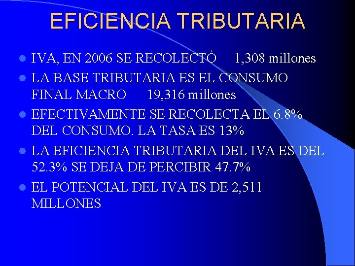 EFICIENCIA TRIBUTARIA l l l IVA, EN 2006 SE RECOLECTÓ 1, 308 millones LA