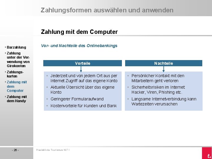 Zahlungsformen auswählen und anwenden Zahlung mit dem Computer § Barzahlung Vor- und Nachteile des