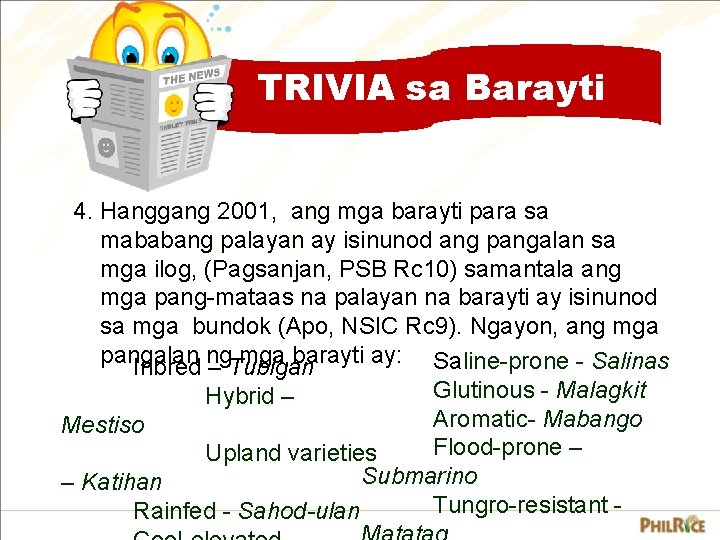 TRIVIA sa Barayti 4. Hanggang 2001, ang mga barayti para sa mababang palayan ay