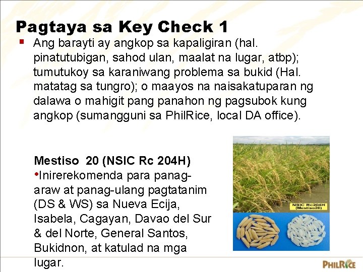 Pagtaya sa Key Check 1 § Ang barayti ay angkop sa kapaligiran (hal. pinatutubigan,