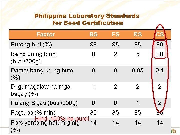 Philippine Laboratory Standards for Seed Certification Factor BS FS RS CS Purong bihi (%) Philippine Laboratory Standards for Seed Certification Factor BS FS RS CS Purong bihi (%)
