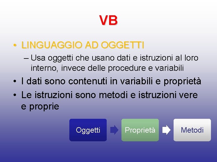 VB • LINGUAGGIO AD OGGETTI – Usa oggetti che usano dati e istruzioni al