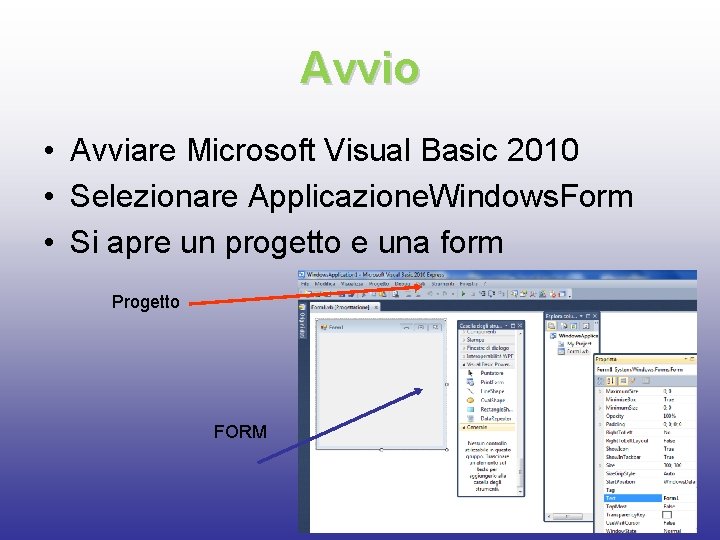 Avvio • Avviare Microsoft Visual Basic 2010 • Selezionare Applicazione. Windows. Form • Si