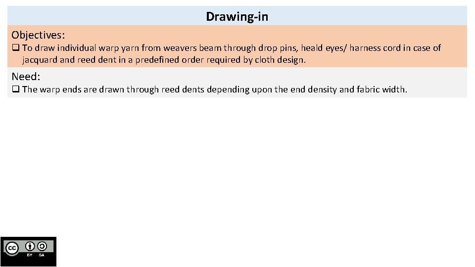 Drawing-in Objectives: q To draw individual warp yarn from weavers beam through drop pins,