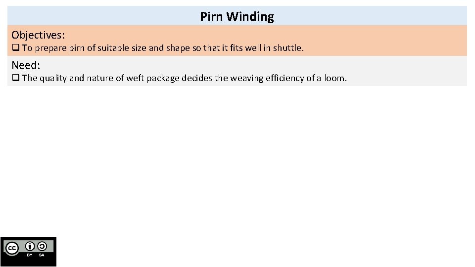 Pirn Winding Objectives: q To prepare pirn of suitable size and shape so that
