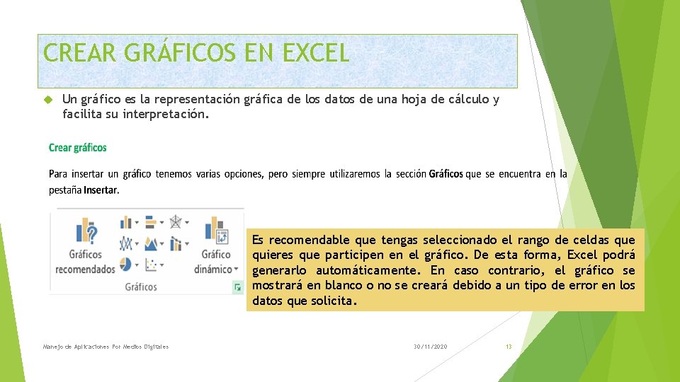 CREAR GRÁFICOS EN EXCEL Un gráfico es la representación gráfica de los datos de
