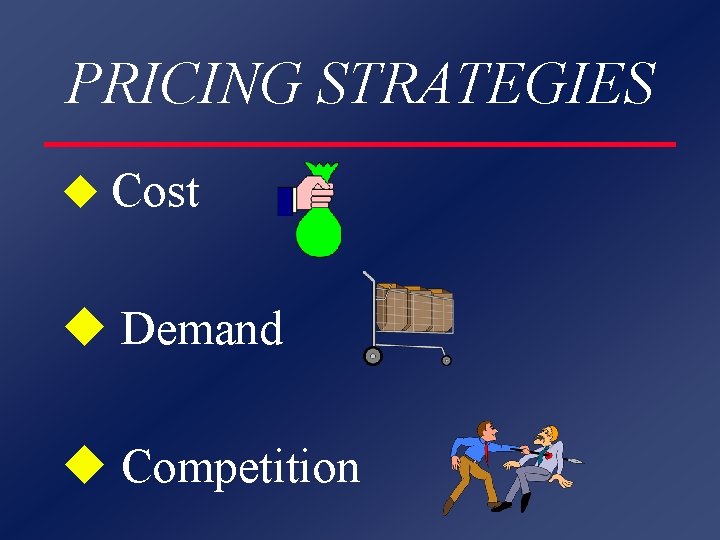 PRICING STRATEGIES u Cost u Demand u Competition 