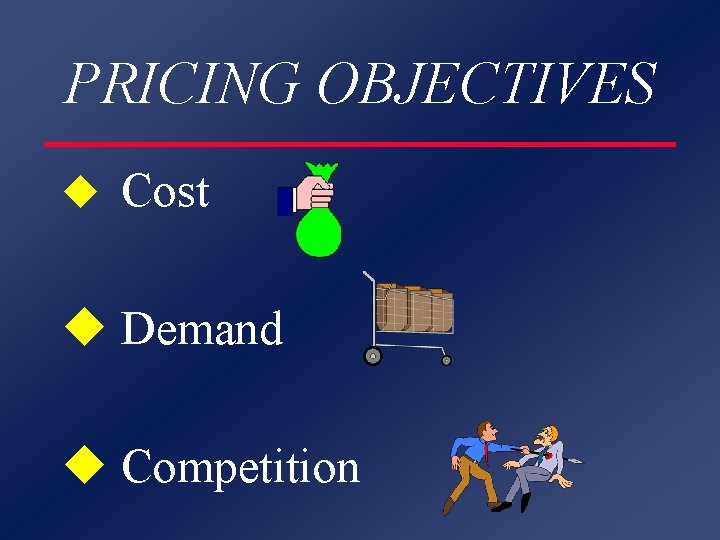 PRICING OBJECTIVES u Cost u Demand u Competition 