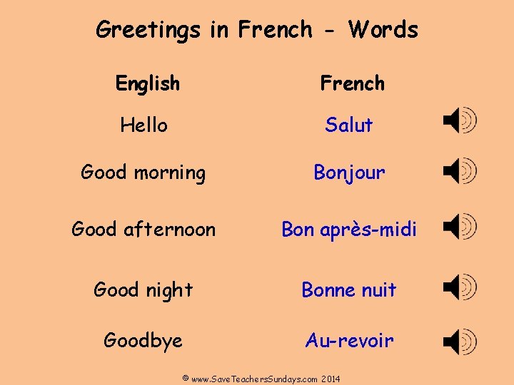 Greetings in French - Words English French Hello Salut Good morning Bonjour Good afternoon