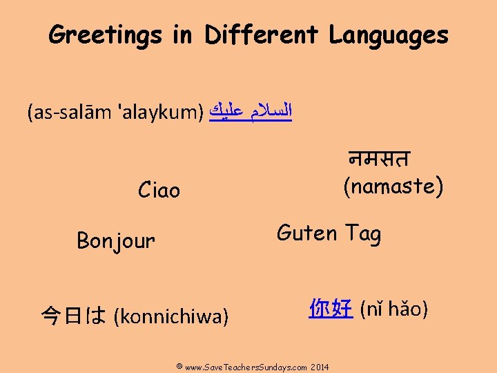 Greetings in Different Languages (as-salām 'alaykum) ﺍﻟﺴﻼﻡ ﻋﻠﻴﻚ नमसत (namaste) Ciao Guten Tag Bonjour