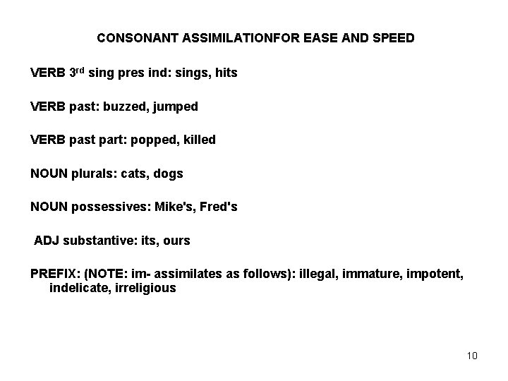 CONSONANT ASSIMILATIONFOR EASE AND SPEED VERB 3 rd sing pres ind: sings, hits VERB