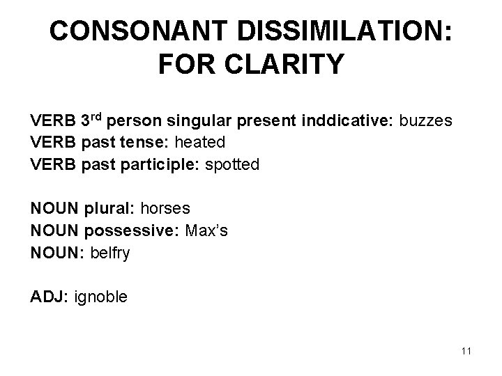 CONSONANT DISSIMILATION: FOR CLARITY VERB 3 rd person singular present inddicative: buzzes VERB past