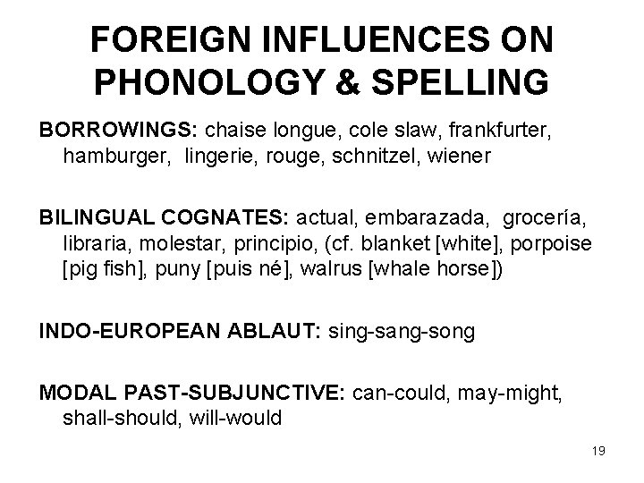 FOREIGN INFLUENCES ON PHONOLOGY & SPELLING BORROWINGS: chaise longue, cole slaw, frankfurter, hamburger, lingerie,