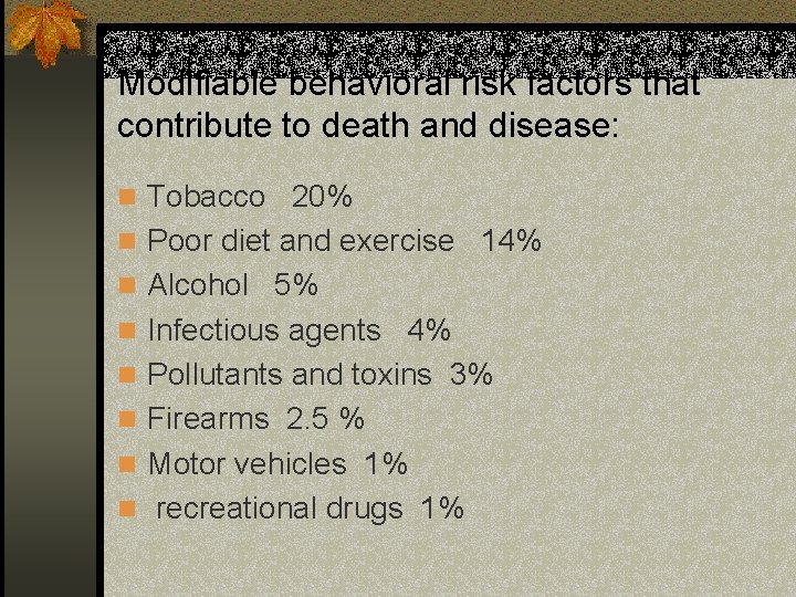Modifiable behavioral risk factors that contribute to death and disease: n Tobacco 20% n