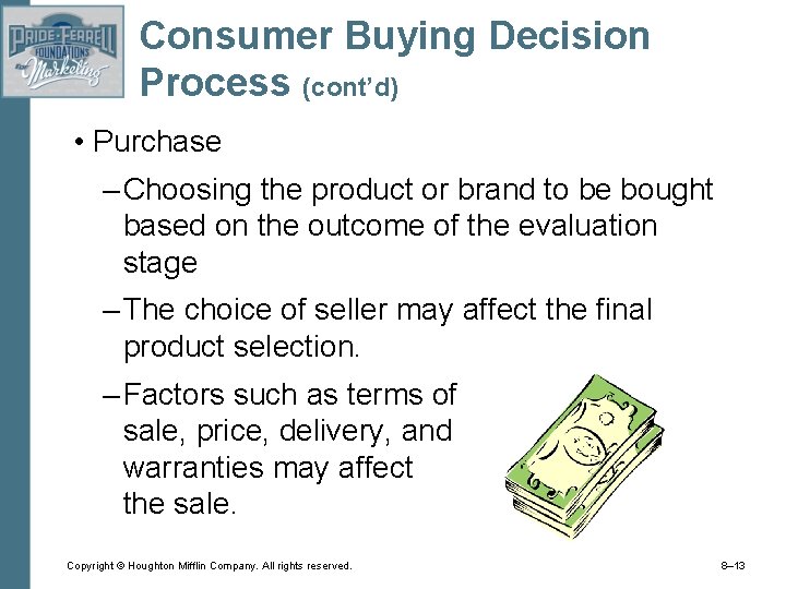 Consumer Buying Decision Process (cont’d) • Purchase – Choosing the product or brand to