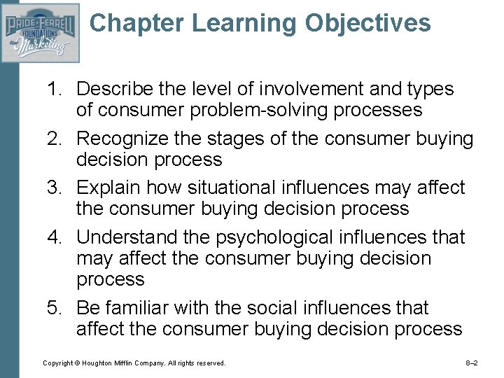 Chapter Learning Objectives 1. Describe the level of involvement and types of consumer problem-solving