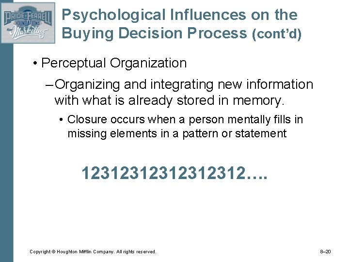 Psychological Influences on the Buying Decision Process (cont’d) • Perceptual Organization – Organizing and